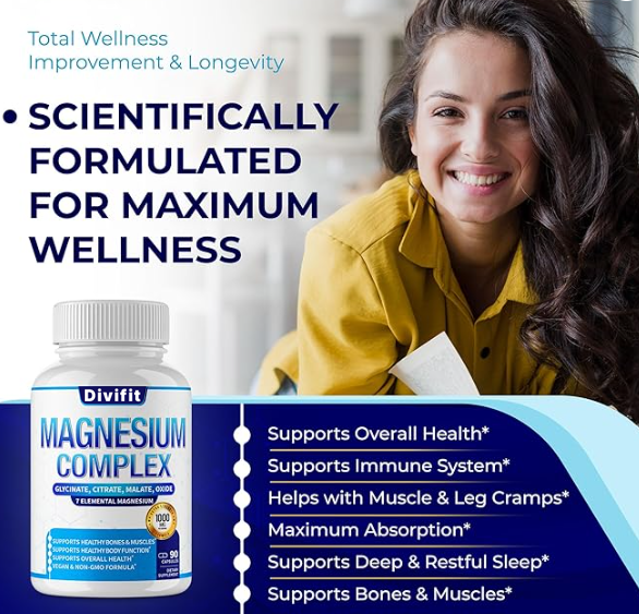1000mg Magnesium Complex Supplement - Multi-Form Chelated Formula for Muscle, Nerve & Sleep Support, Non-GMO Vegan Capsules