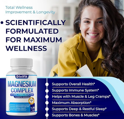 1000mg Magnesium Complex Supplement - Multi-Form Chelated Formula for Muscle, Nerve & Sleep Support, Non-GMO Vegan Capsules