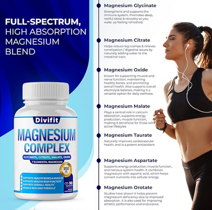 1000mg Magnesium Complex Supplement - Multi-Form Chelated Formula for Muscle, Nerve & Sleep Support, Non-GMO Vegan Capsules