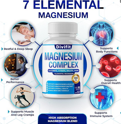 1000mg Magnesium Complex Supplement - Multi-Form Chelated Formula for Muscle, Nerve & Sleep Support, Non-GMO Vegan Capsules